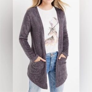 Maurices | Women's Grey/Eggplant Open Front Long Sleeve Eyelash Sweater Size L